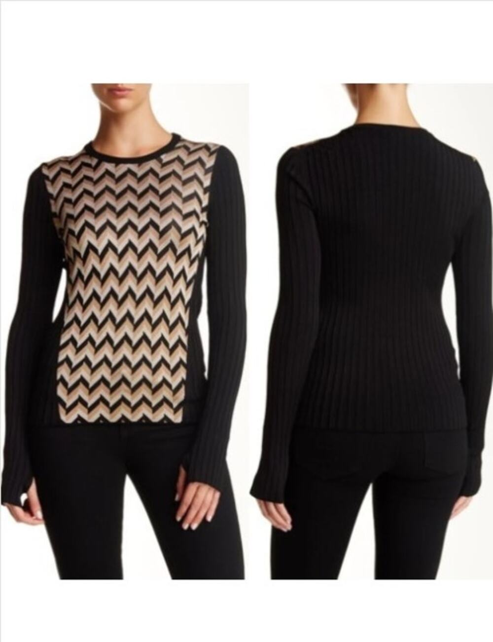 Rag & Bone Elaine Chevron Ribbed Sweater Black Brown Med
